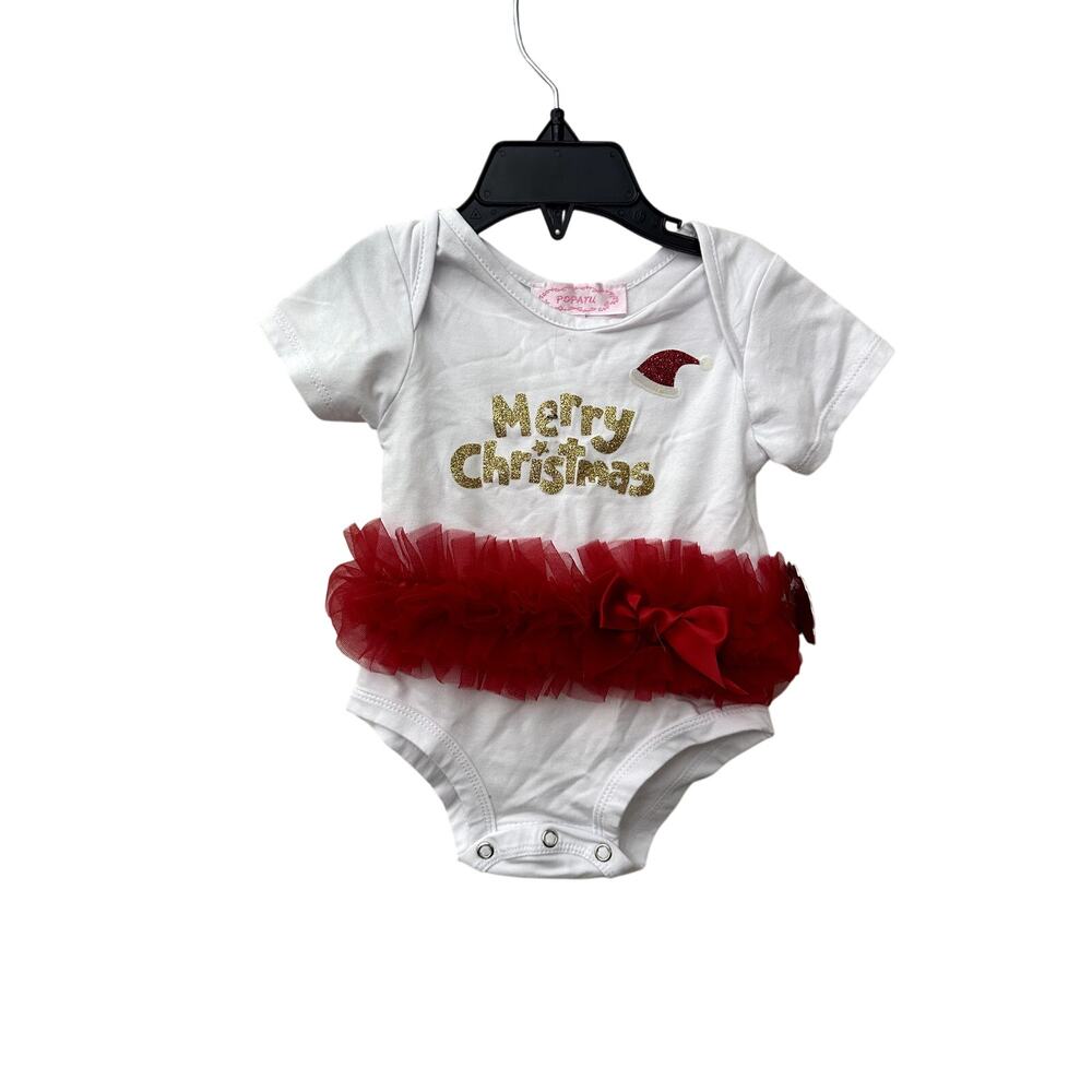 Popatu Girls White Merry Christmas One Piece With Tutu 6-9 Months NWT